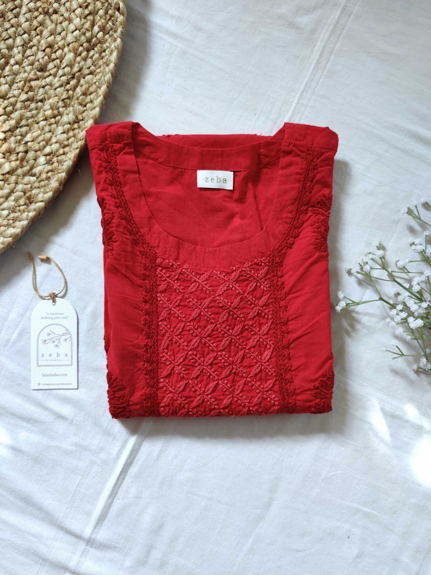 Meerub Red Cotton Chikankari Kurta
