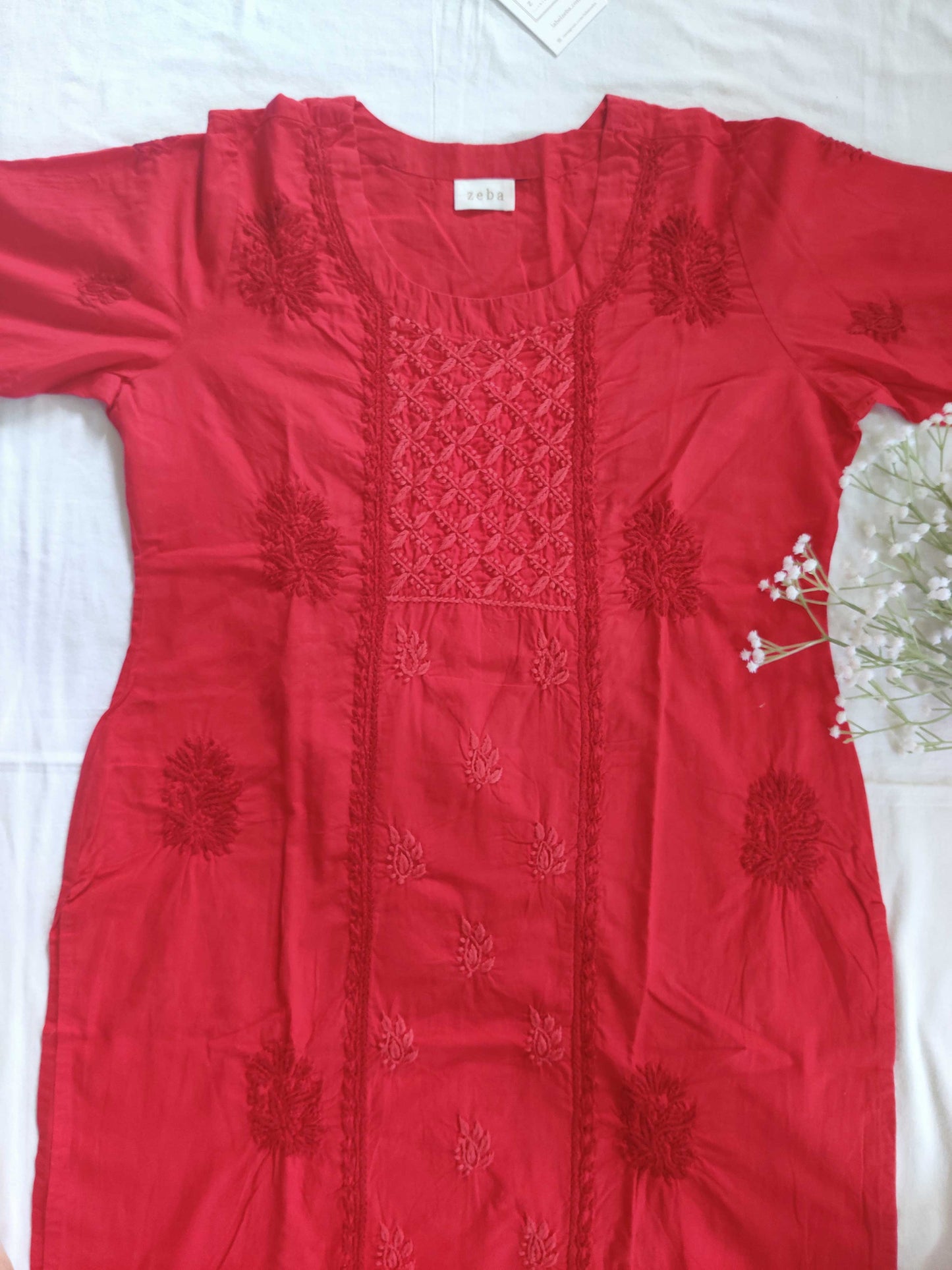 Meerub Red Cotton Chikankari Kurta