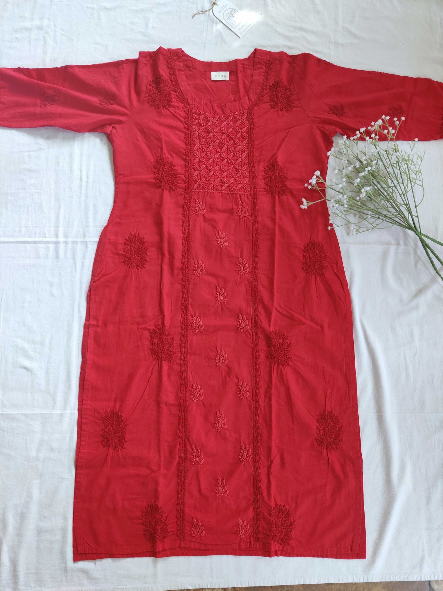 Meerub Red Cotton Chikankari Kurta