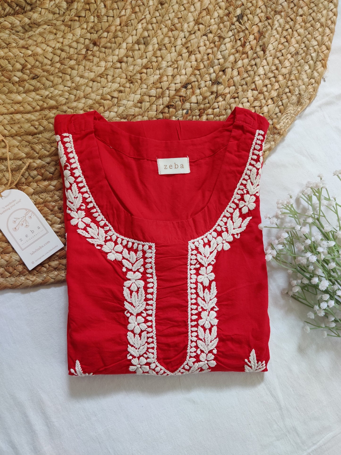 Zoya Cotton Chikankari Kurta (Red)