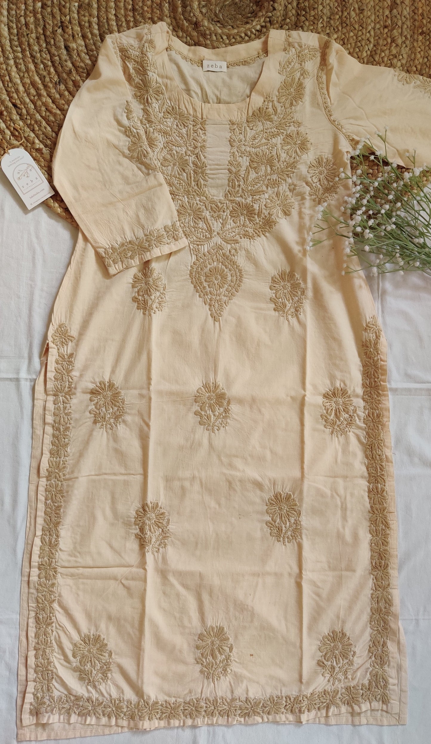 Gulnar Beige Cotton Chikankari Kurta Kurta Label Zeba 