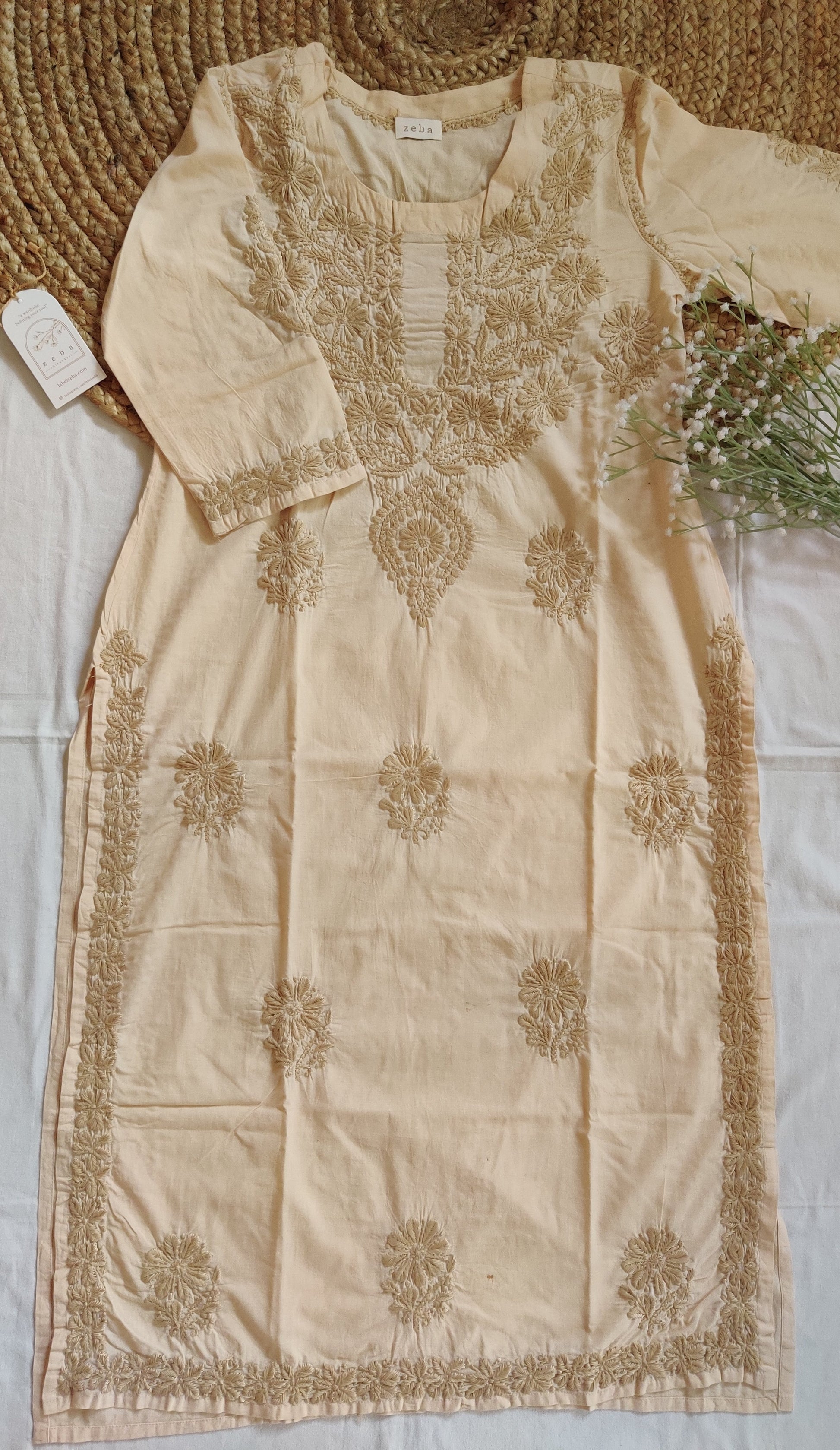 Gulnar Beige Cotton Chikankari Kurta Kurta Label Zeba 