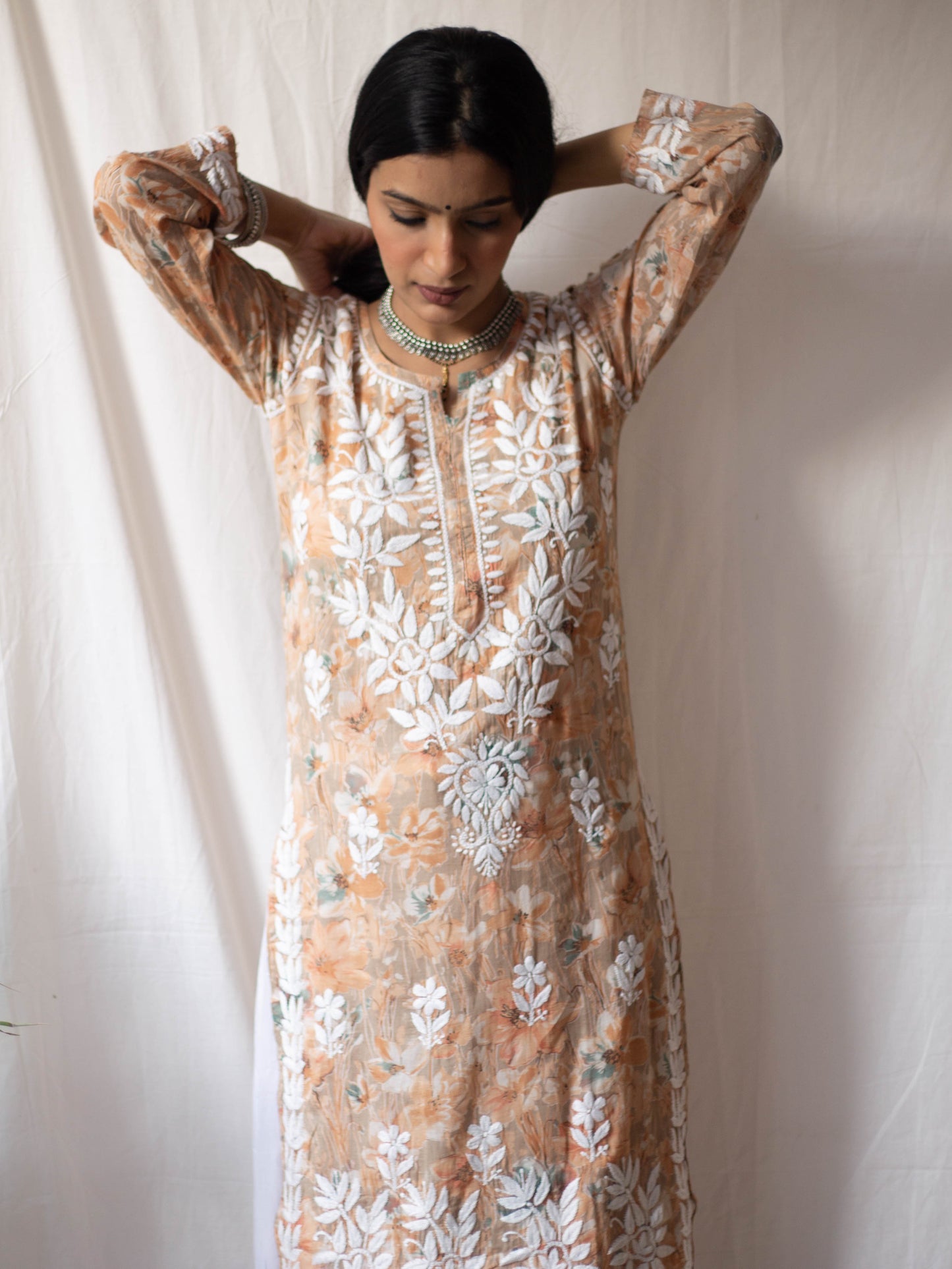 Aashna Mulmul Printed Chikankari kurti (Orange)