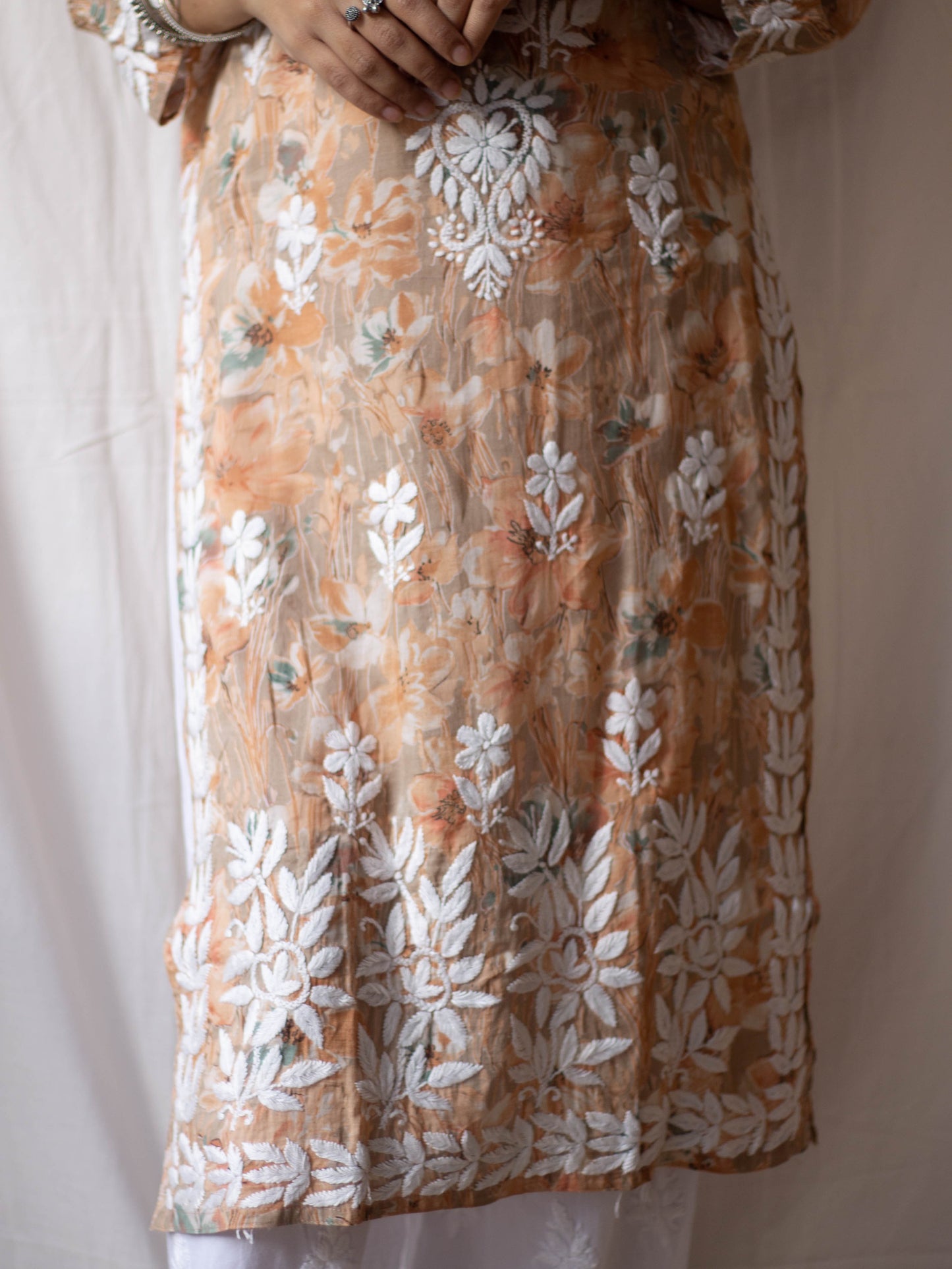 Aashna Mulmul Printed Chikankari kurti (Orange)