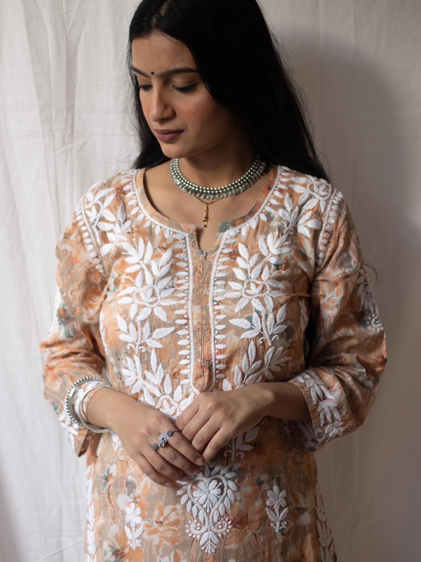 Aashna Mulmul Printed Chikankari kurti (Orange)