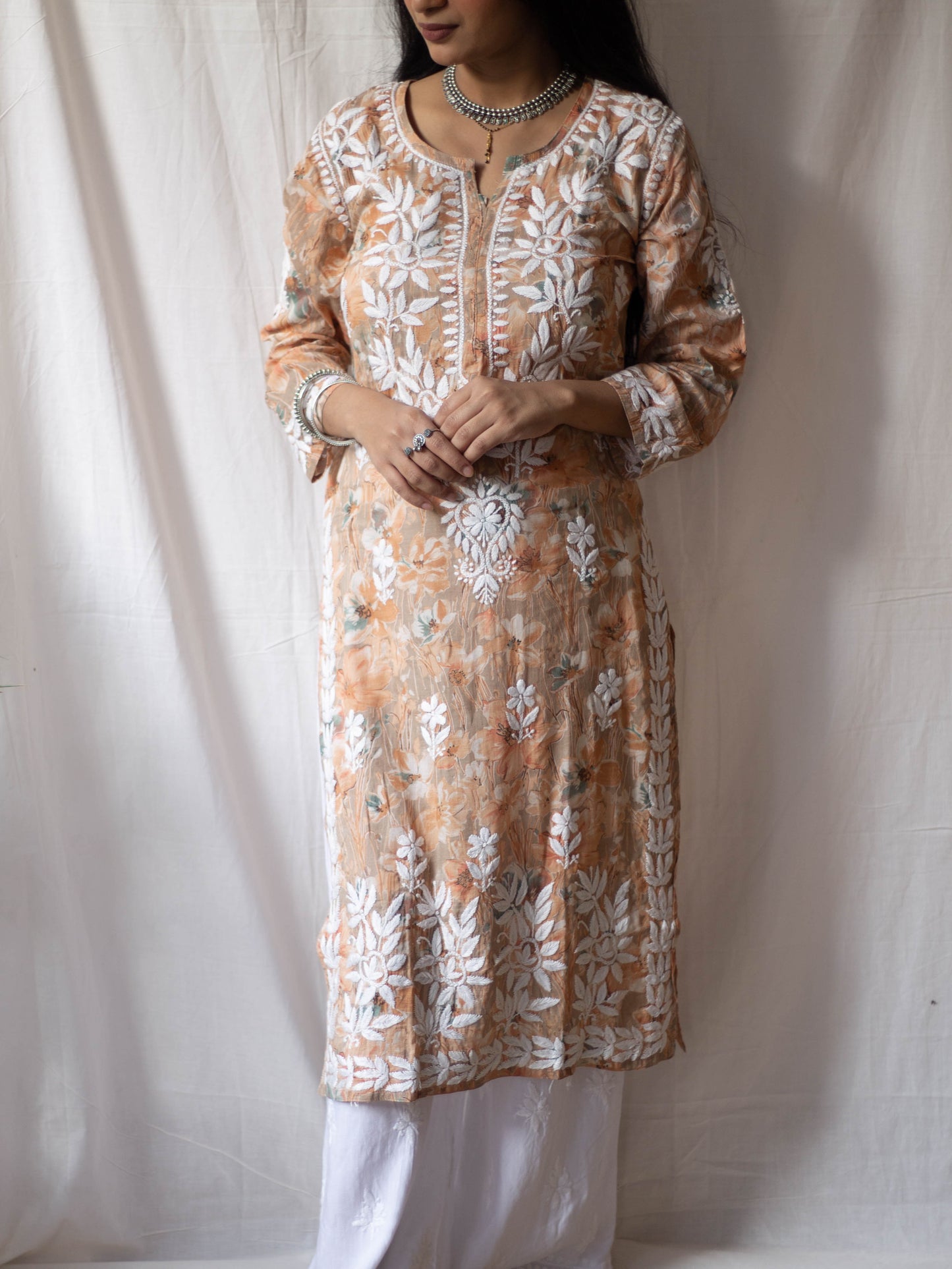 Aashna Mulmul Printed Chikankari kurti (Orange)