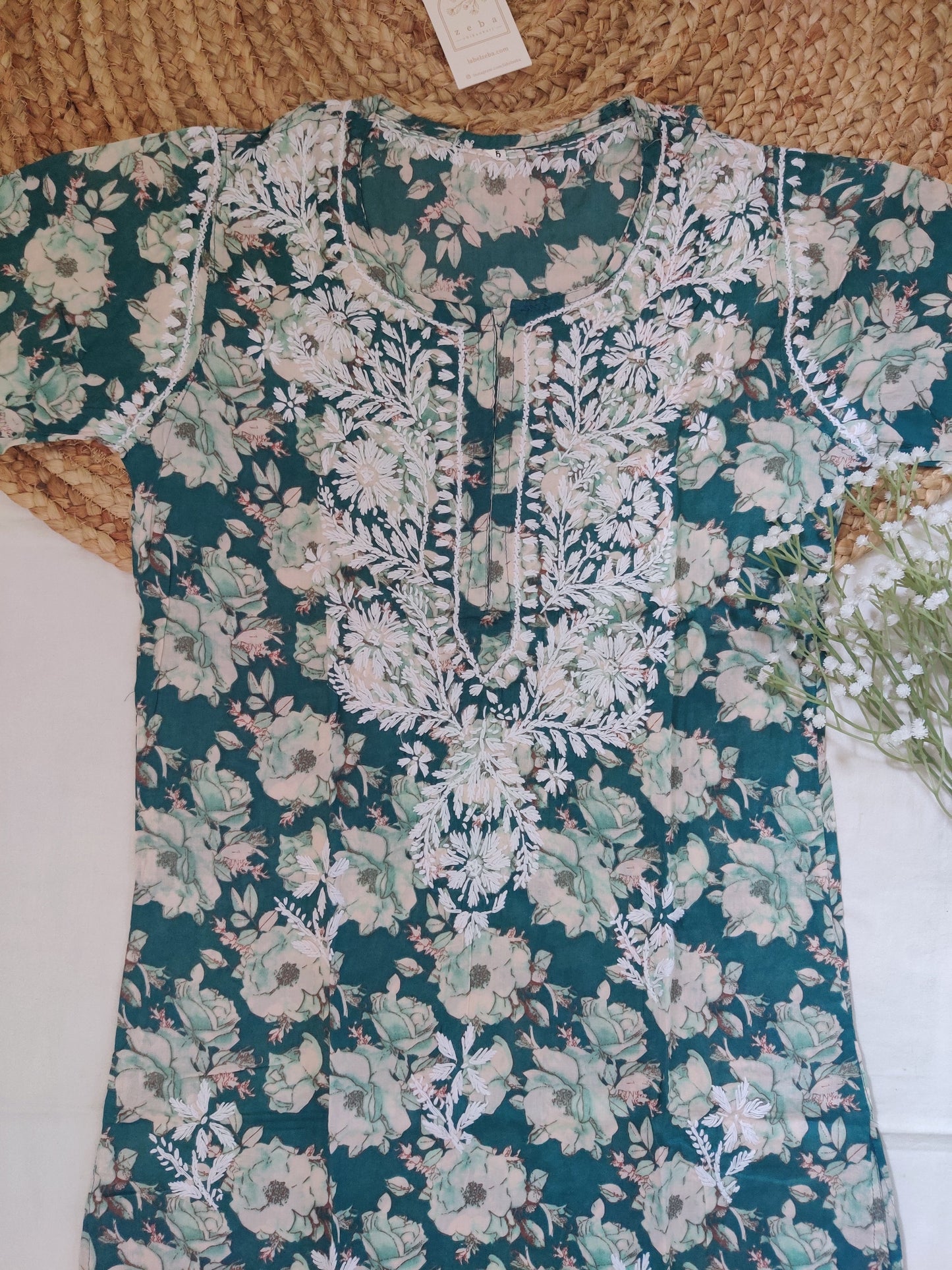 Ziniya Printed MulMul Cotton Kurta (Teal)