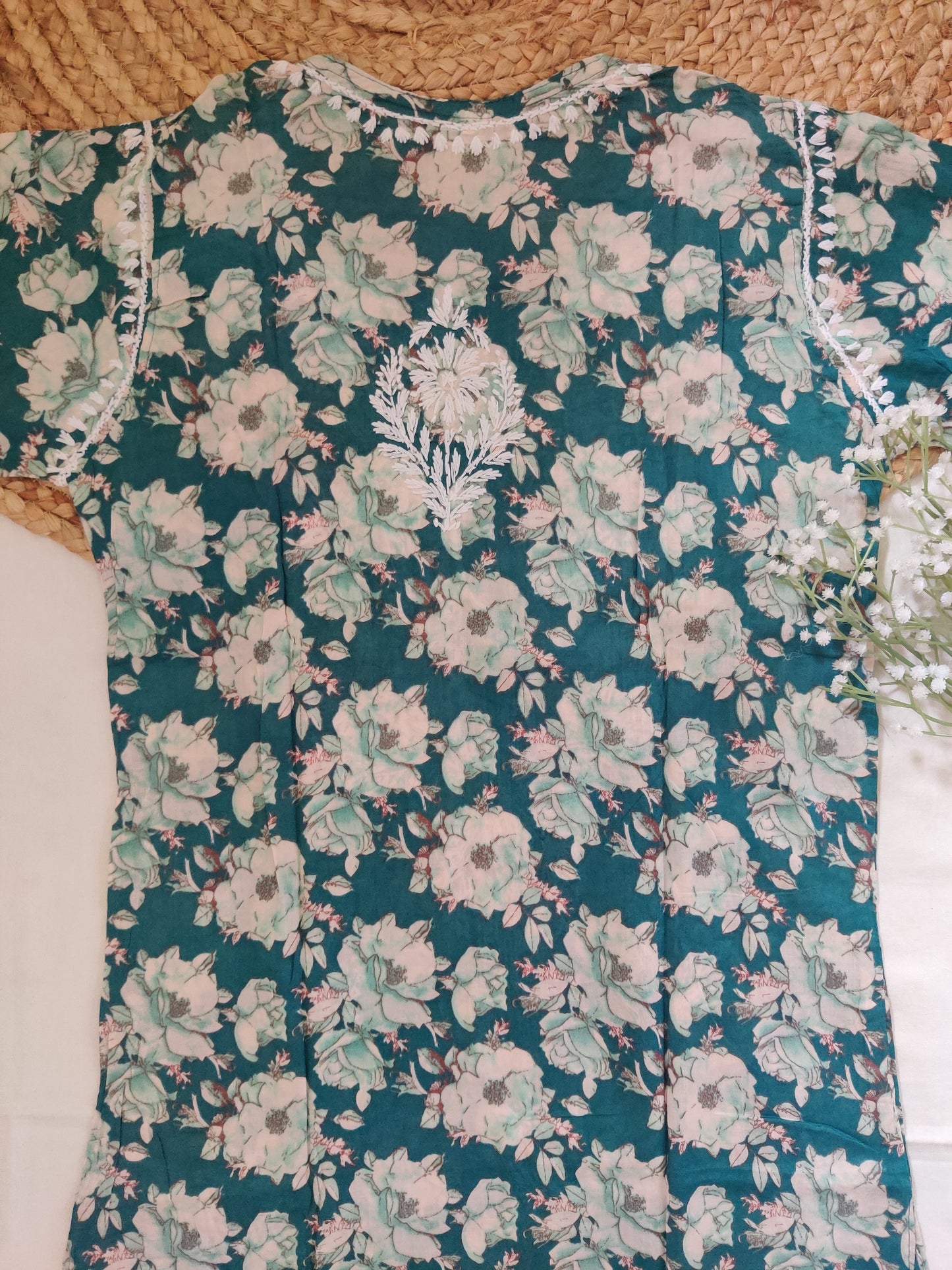 Ziniya Printed MulMul Cotton Kurta (Teal)