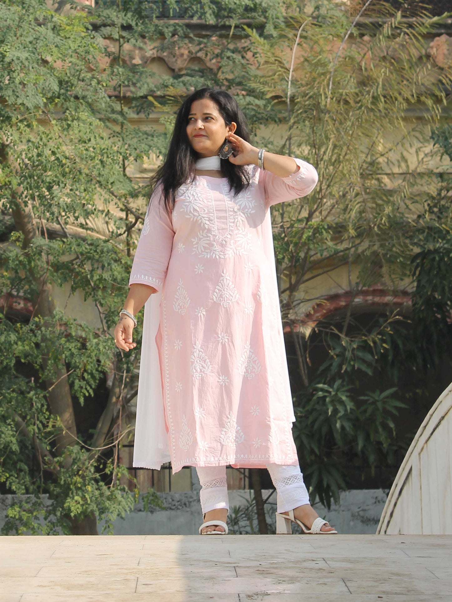 Falak Chikankari Pink Cotton Straight Kurta Set with Dupatta