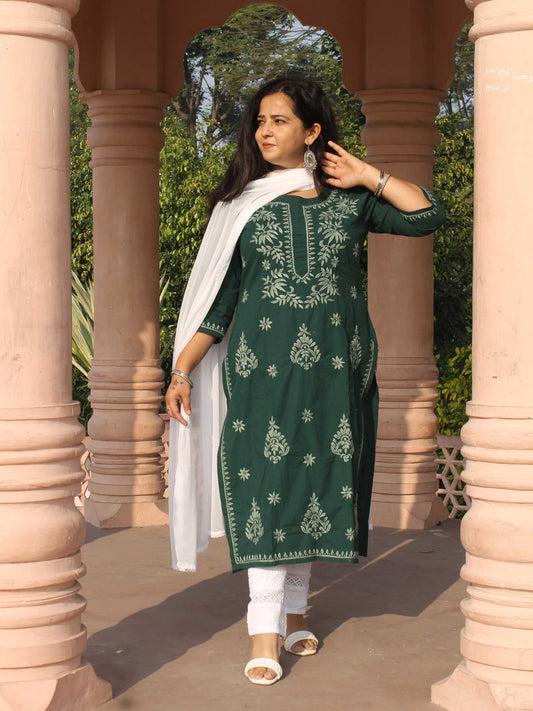 Falak Chikankari Green Cotton Straight Kurta Set with Dupatta