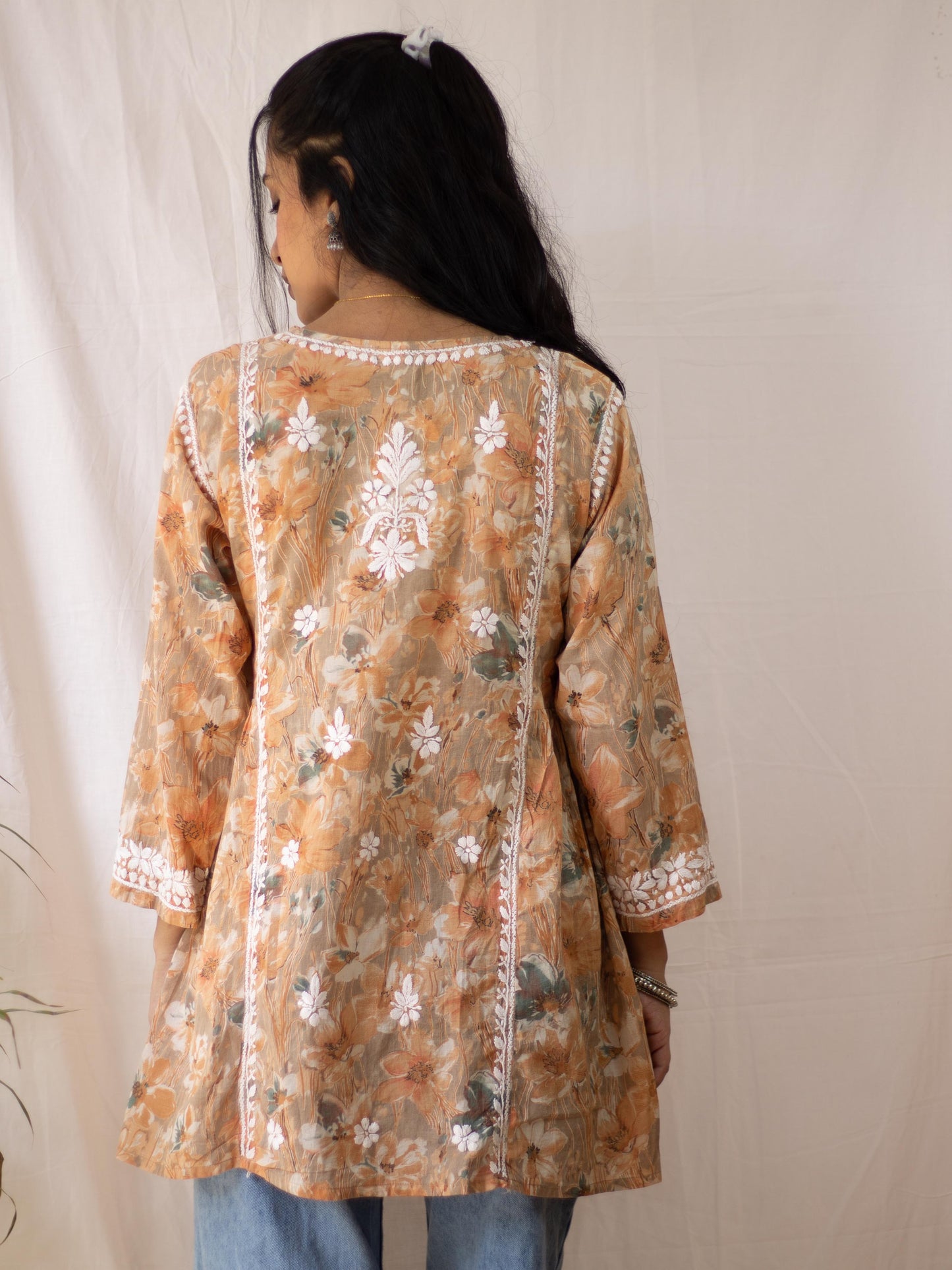 Fariyal Mulmul Printed Chikankari short kurti (Orange)