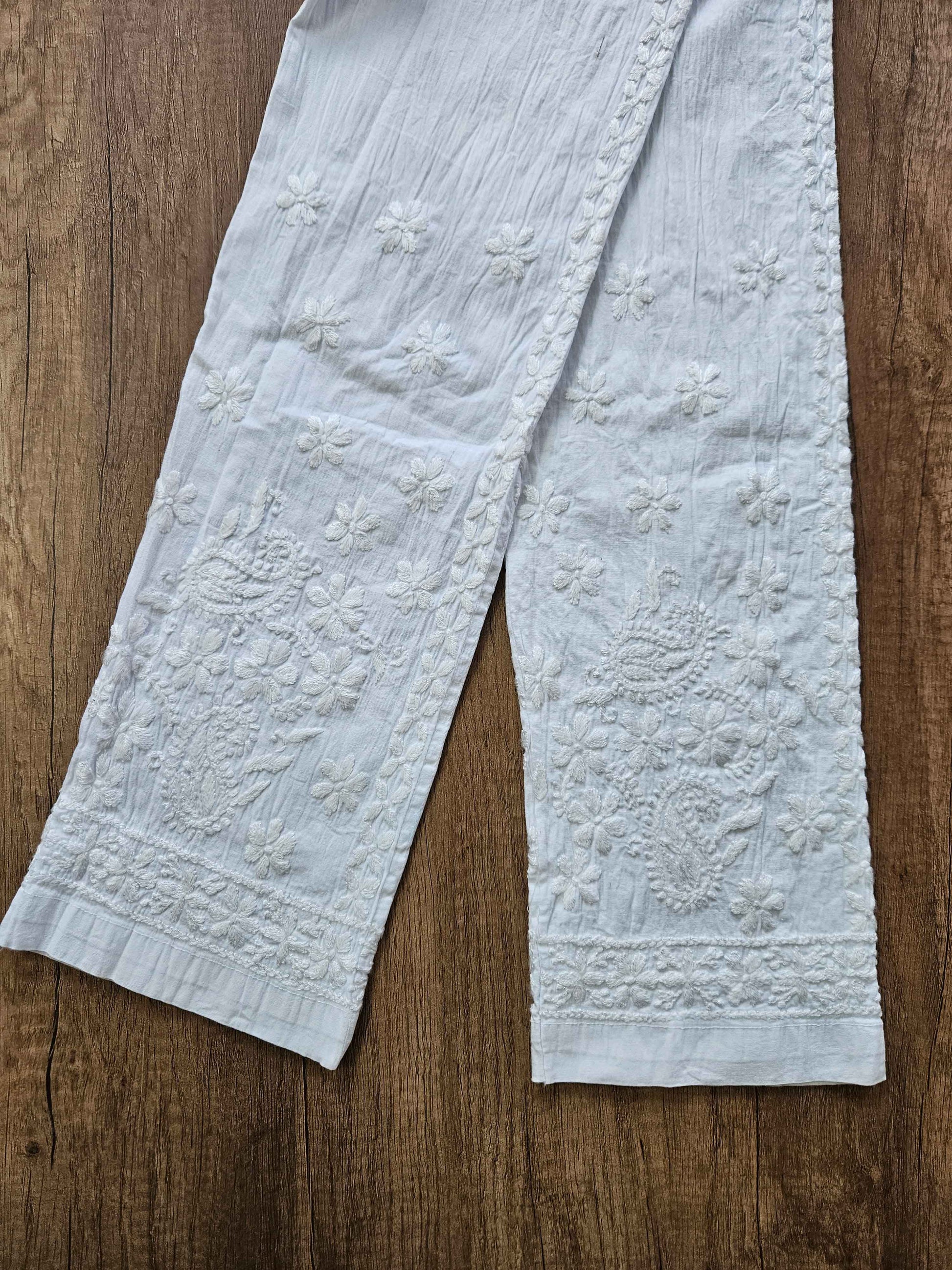 hiba chikankari cotton stretch pants with heavy tonal lucknow hand embroidery at the bottom