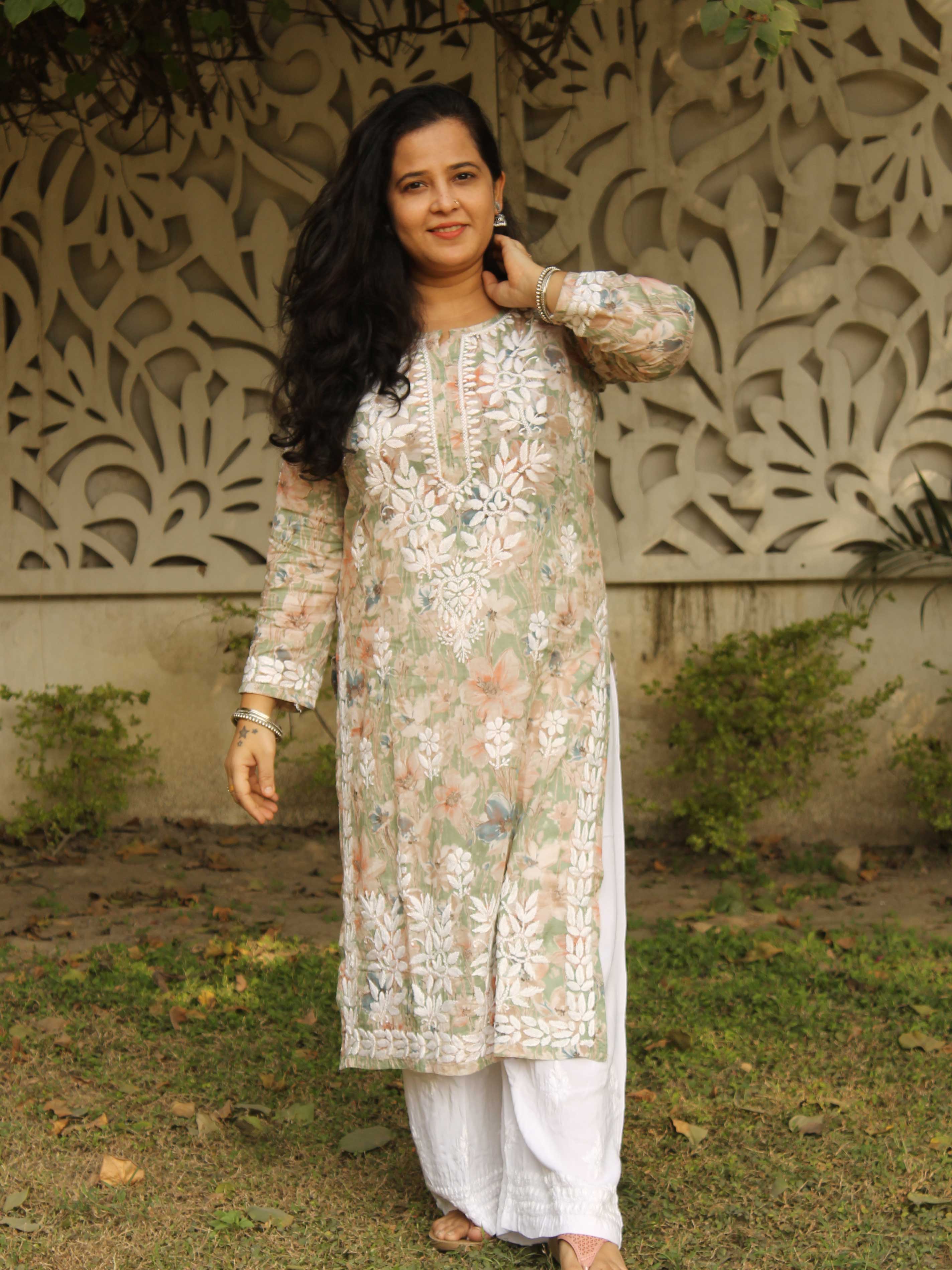 vanshikaanigam looks super chic and trendy in our Nayantara Mulmul gown! To  shop visit our website www.Anahitachikankari.com #chikankar... | Instagram
