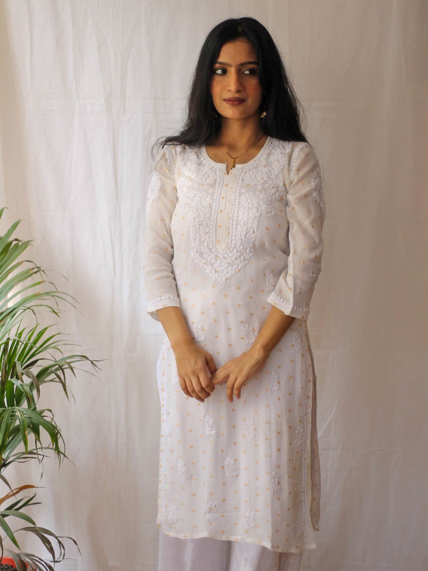 Naaz White Chinnon with Gold Dots Kurti