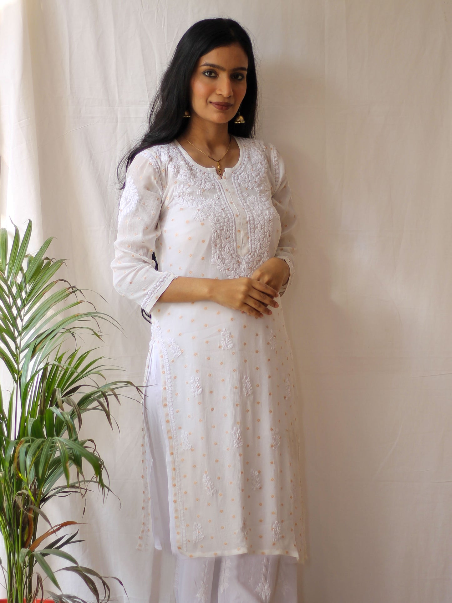 Naaz White Chinnon with Gold Dots Kurti