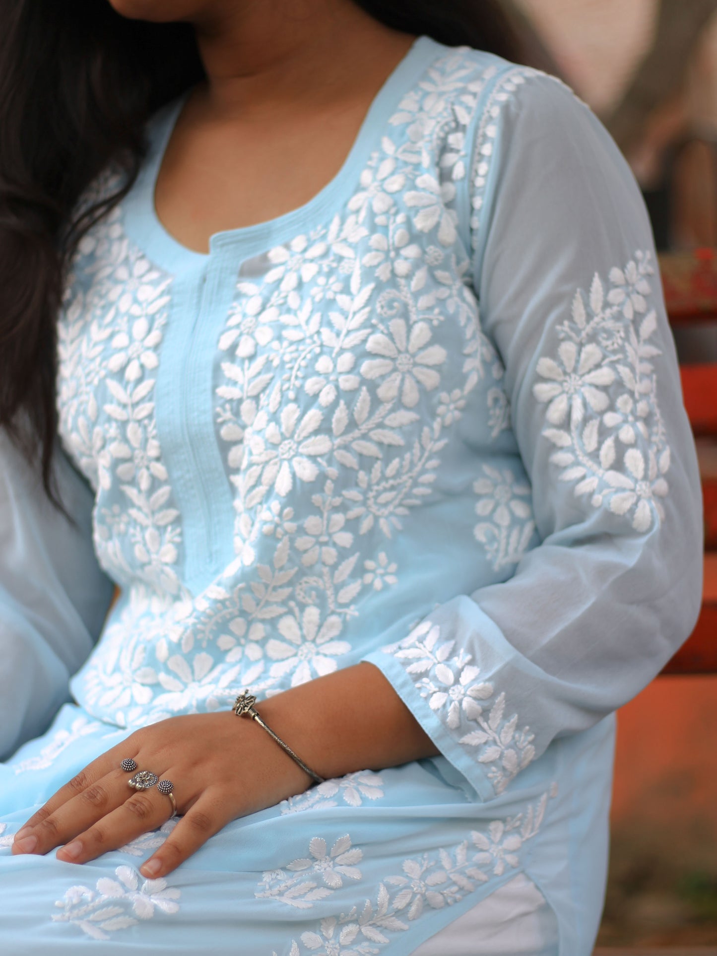 Naazmi Georgette Chikankari Kurta (Aqua)