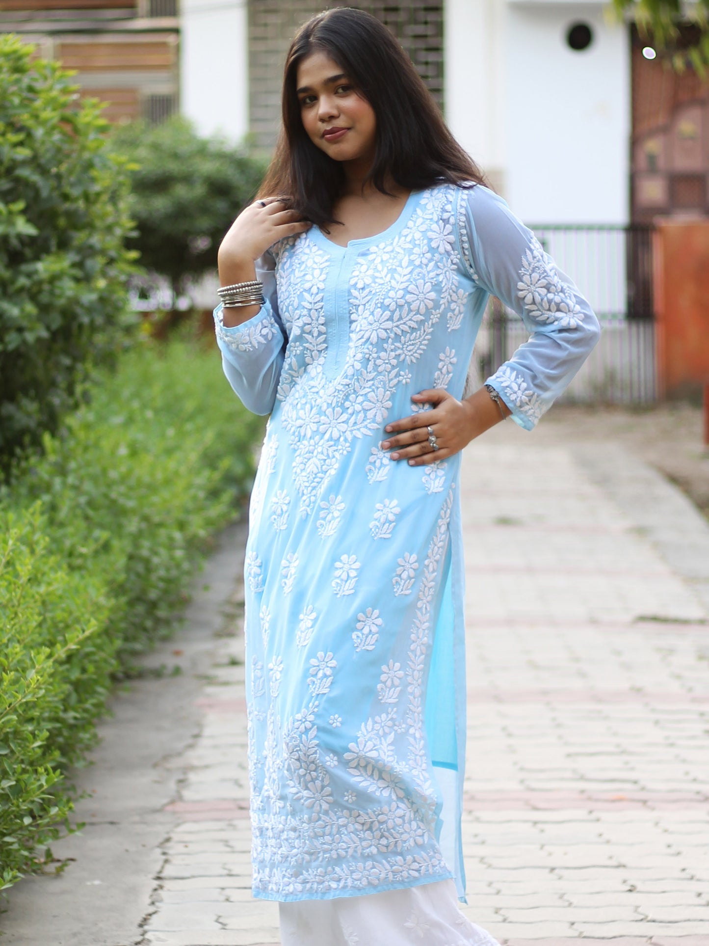 Naazmi Georgette Chikankari Kurta (Aqua)