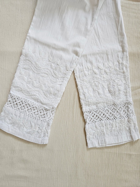 Shanam Chikankari Cotton Stretch Straight Pants with Lace