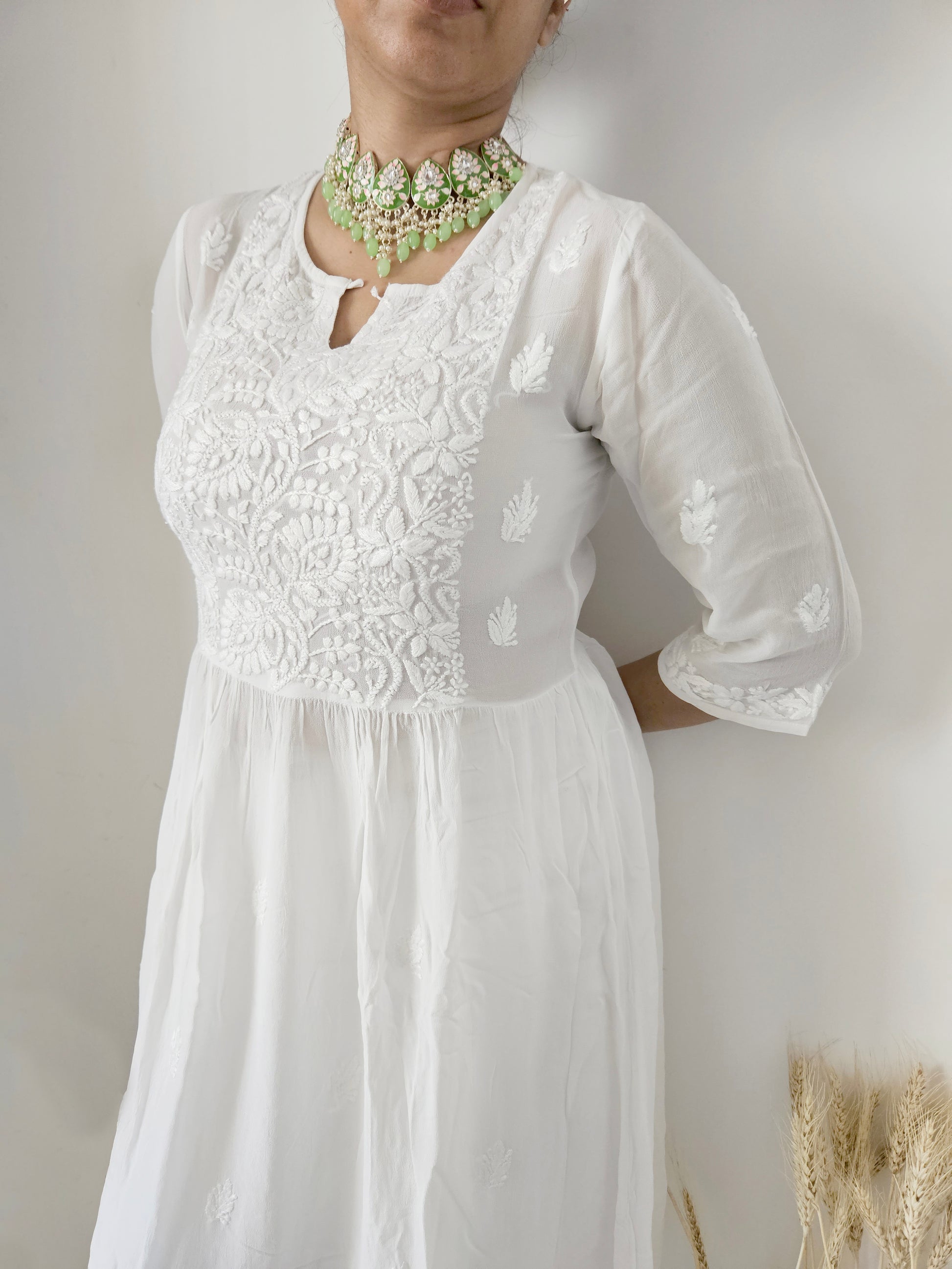 anam chikankari kurti white front detail