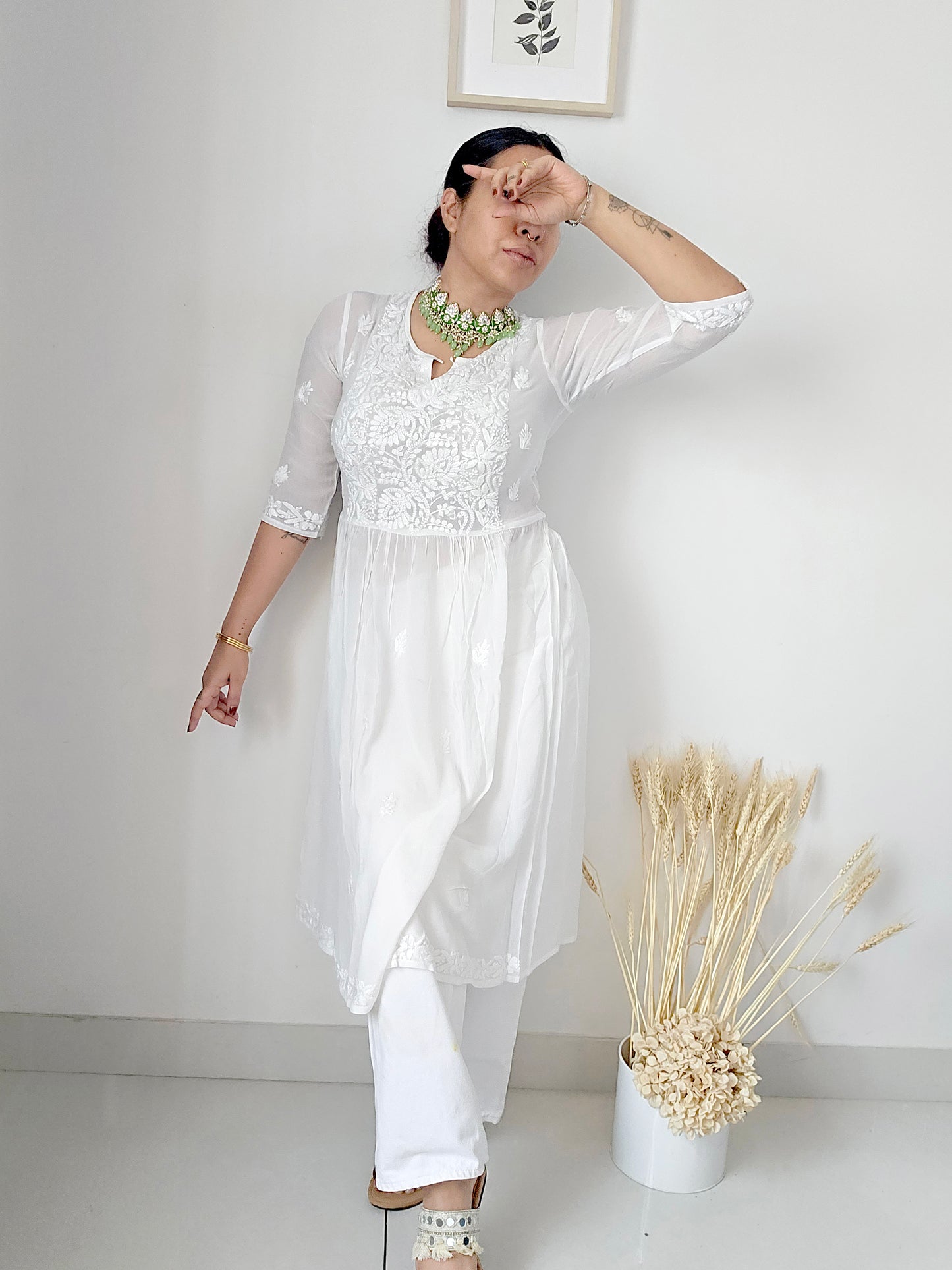 anam chikankari kurti white frontfull